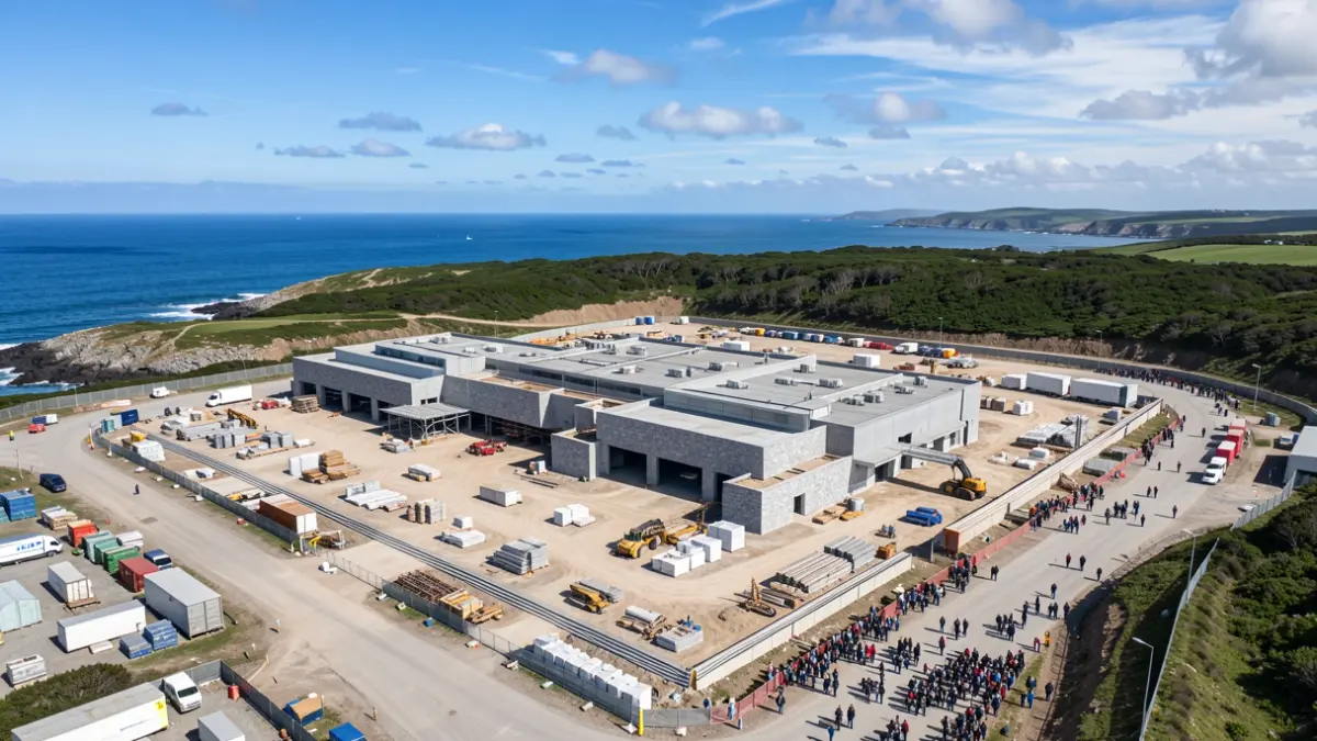 Vista aérea dunha gran plataforma loxística industrial en construción na costa galega, con elementos de arquitectura de granito e vexetación atlántica.