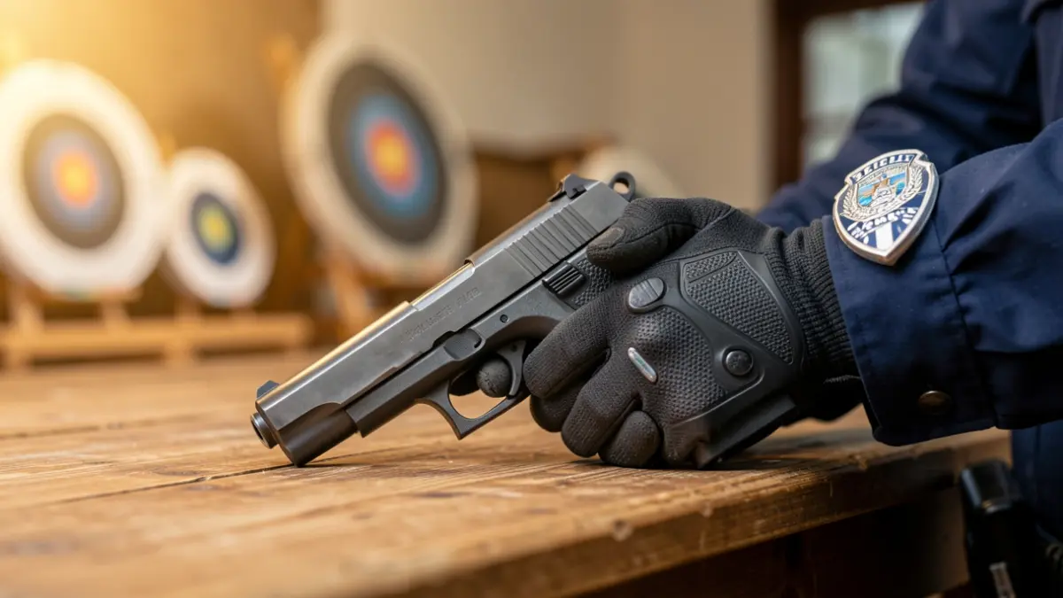 Primeira plana dunha man enguantada dun axente de policía sostendo unha pistola sobre unha mesa de madeira con dianas desenfocadas ao fondo.