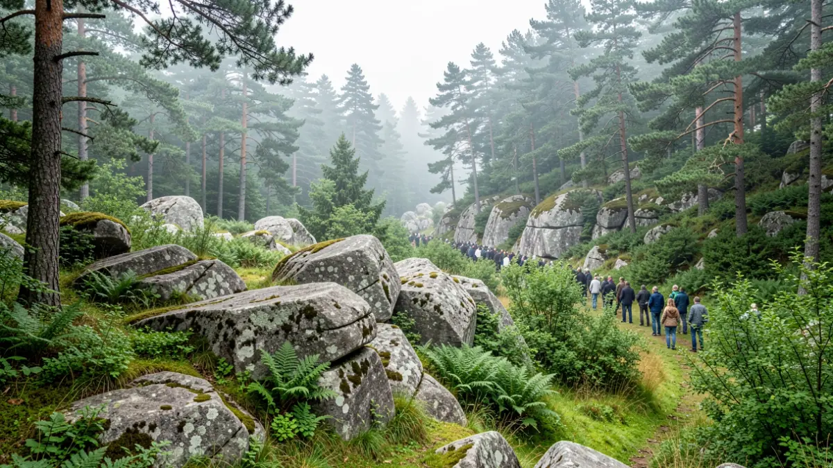 Imagen genérica de paisaje forestal gallego con rocas de granito y vegetación verde.