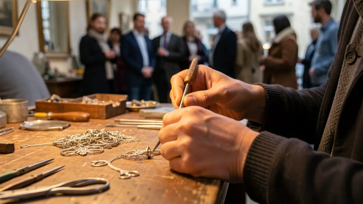 Primer plano de manos artesanas trabajando en joyería con una herramienta, luz cálida.