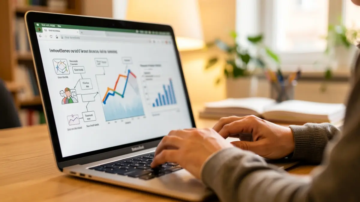 Primeiro plano das mans dun estudante universitario traballando nun portátil con diagramas de proxectos e gráficos desenfocados na pantalla, representando innovación e talento.