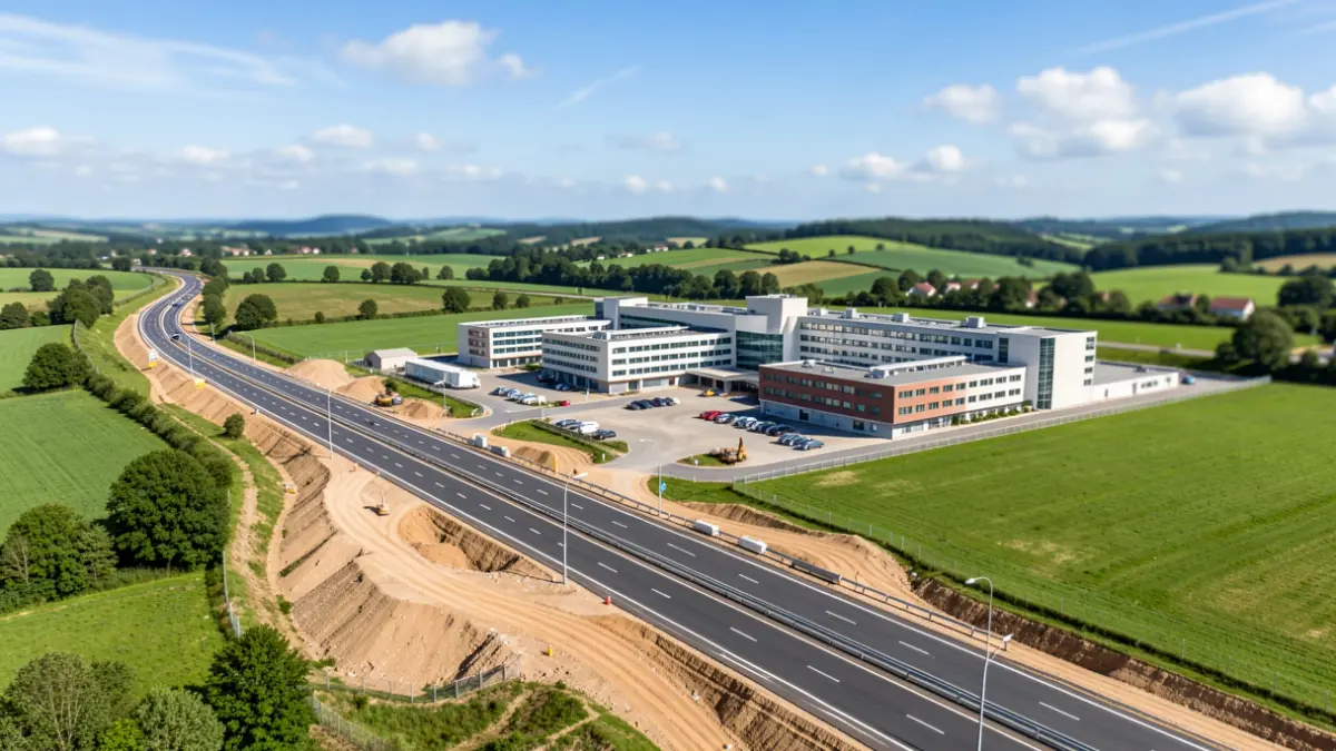 Imaxe aérea dunha nova estrada en construción que conecta unha autoestrada cun gran complexo hospitalario, con paisaxe verde galega de fondo.