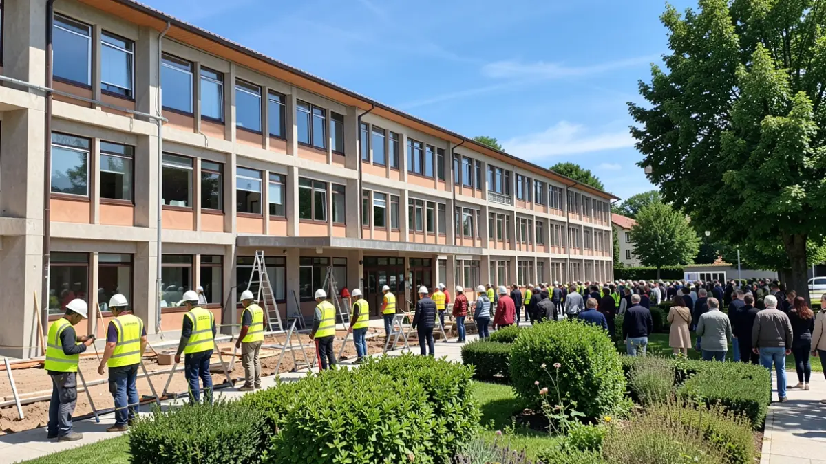 Imaxe xenérica de traballadores da construción mellorando o exterior dun colexio en Galicia.