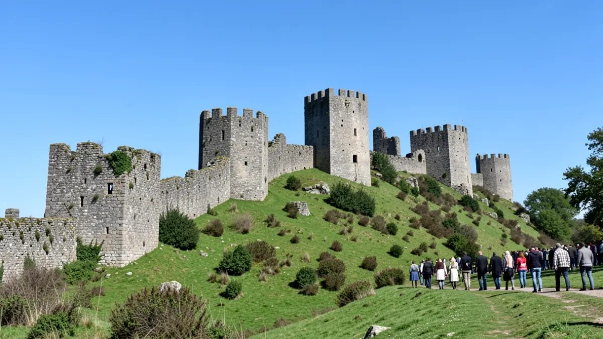 Imagen genérica de antiguas torres defensivas de piedra y ruinas de un castillo en una ladera verde en Galicia.