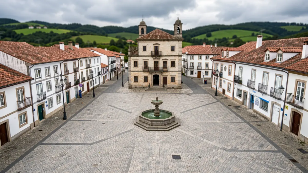 Imagen genérica de una plaza municipal gallega con edificios alrededor.
