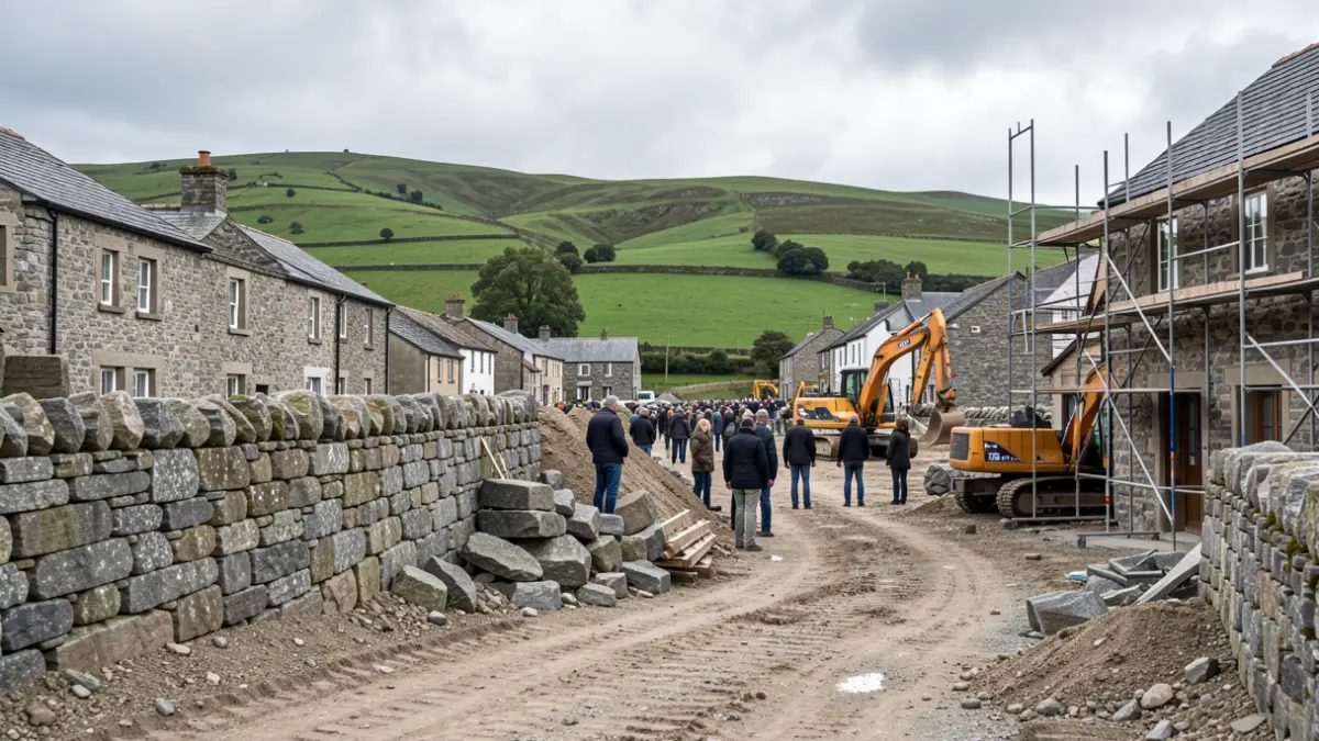 Imagen genérica de obras de construcción en un entorno rural gallego con equipamiento y detalles arquitectónicos de granito.