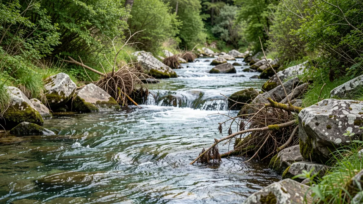 Primeira imaxe dun río galego con vexetación e pedras de granito, con pólas caídas e biomasa na beira.