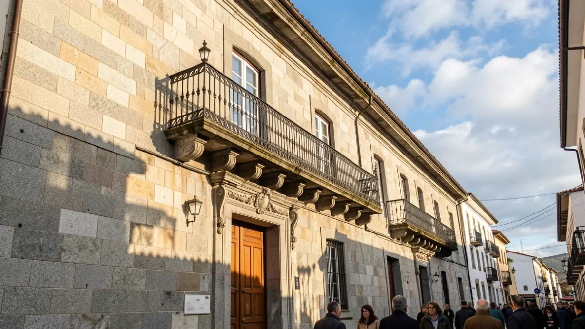 Imagen genérica de una casa consistorial de granito gallega con balcón y cielo despejado.