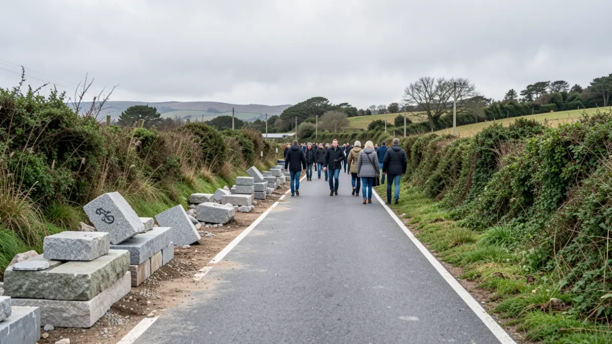 Imaxe xenérica dunha obra de senda peonil e ciclista nunha estrada rural de Galicia con vexetación atlántica.