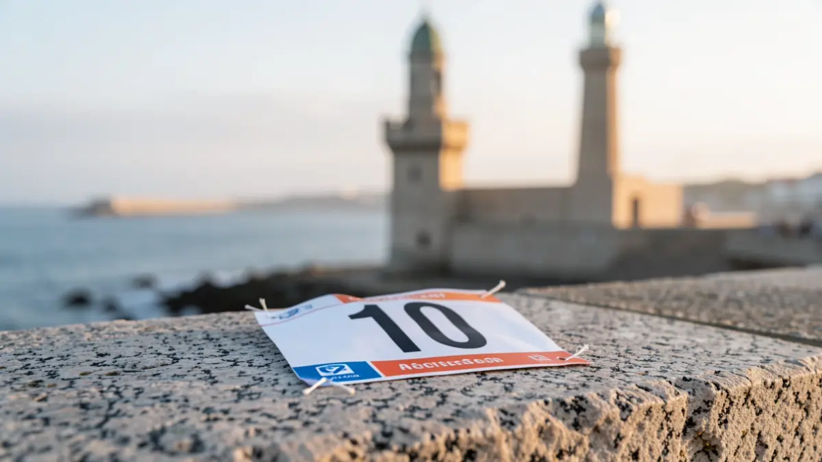 Dorsal dun corredor co número '10' sobre pedra de granito, coa liña costeira da Coruña e a Torre de Hércules ao fondo.