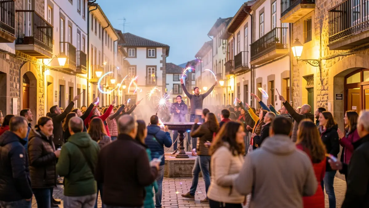 Imaxe xenérica de festival de maxia en rúa con público e arquitectura galega.