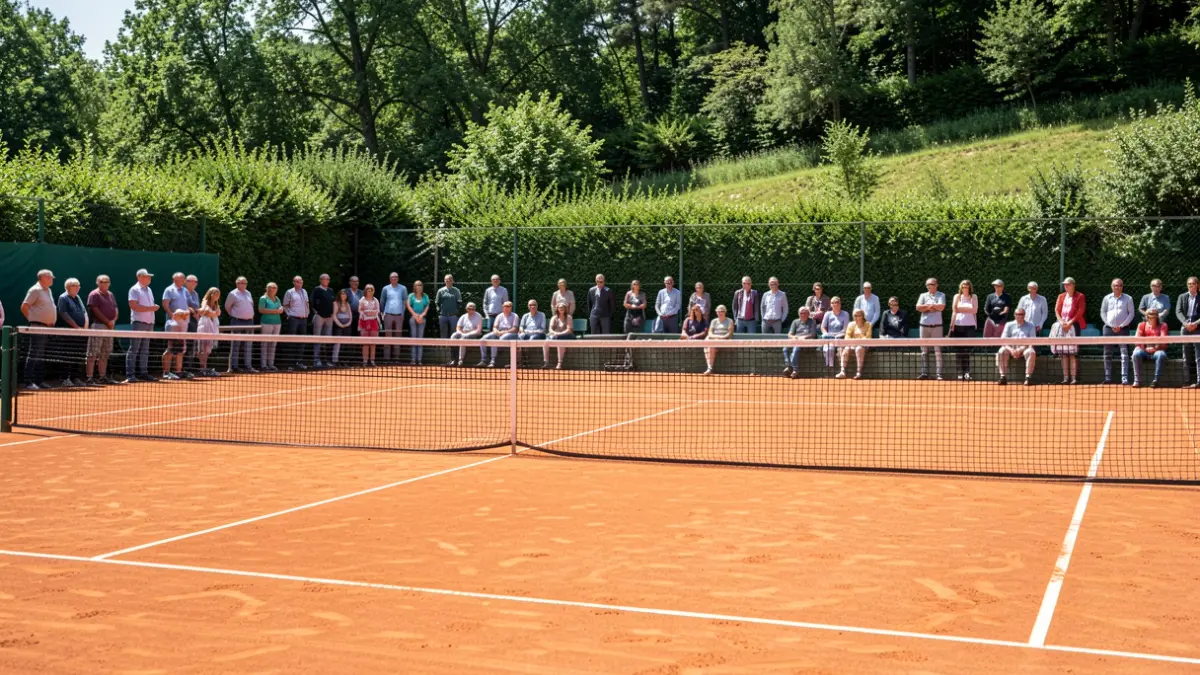 Pista de tenis en Foz, Galicia, con red y alrededores verdes.