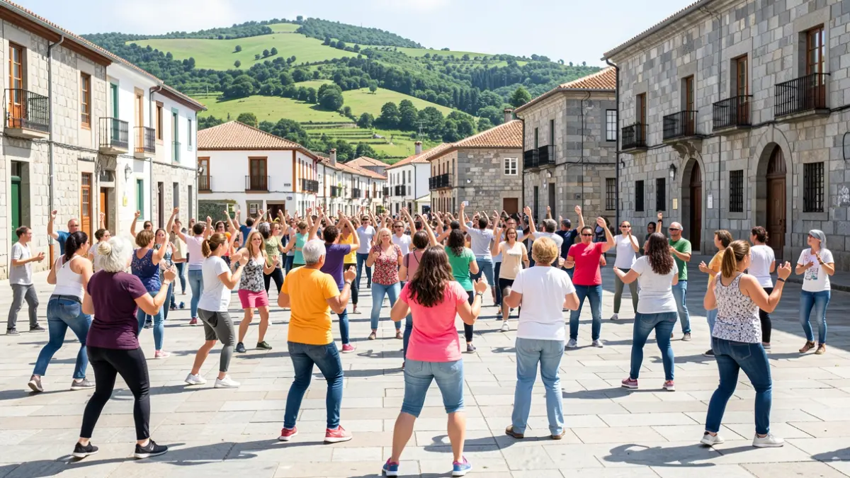 Imaxe dunha sesión de zumba ao aire libre nunha praza galega con xente de todas as idades.