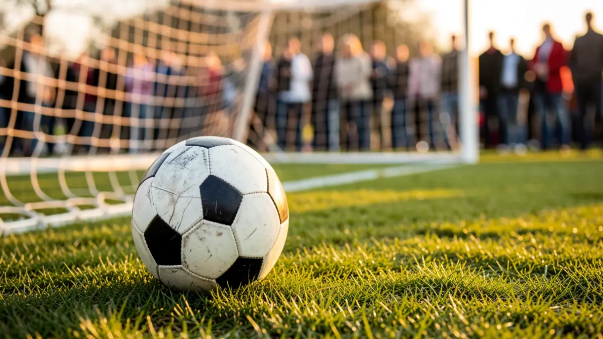 Imaxe xenérica dun balón de fútbol sobre herba cunha rede borrosa ao fondo.