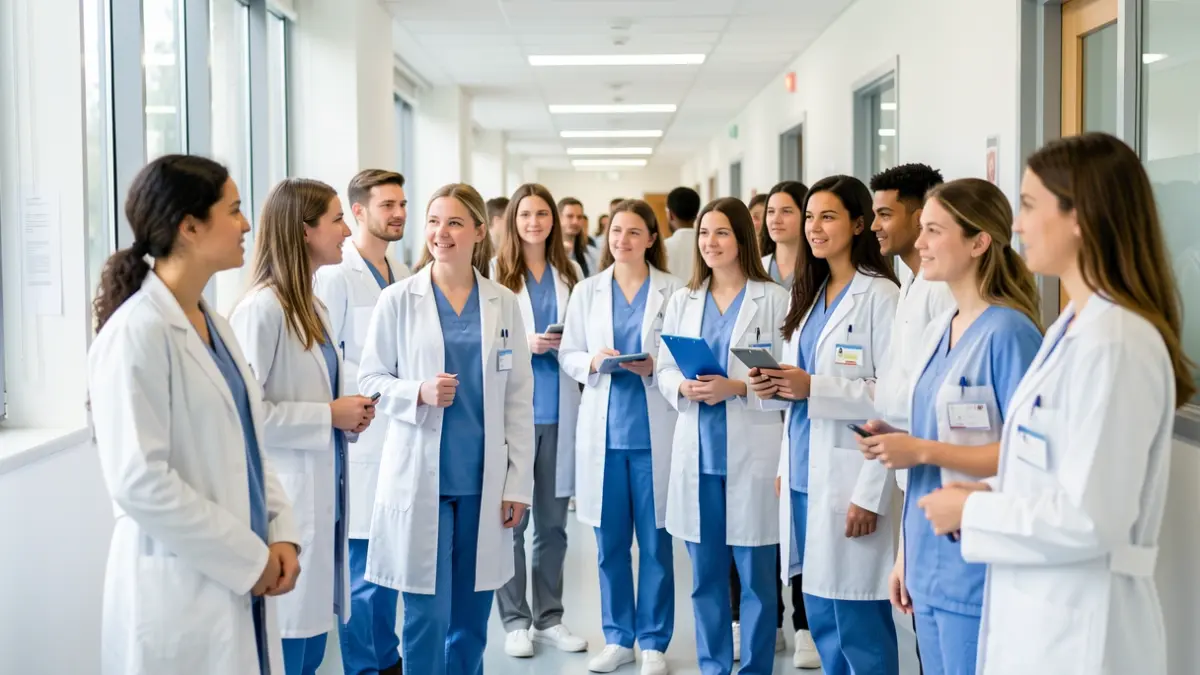 Imagen genérica de estudiantes de medicina y enfermería en un pasillo de hospital.