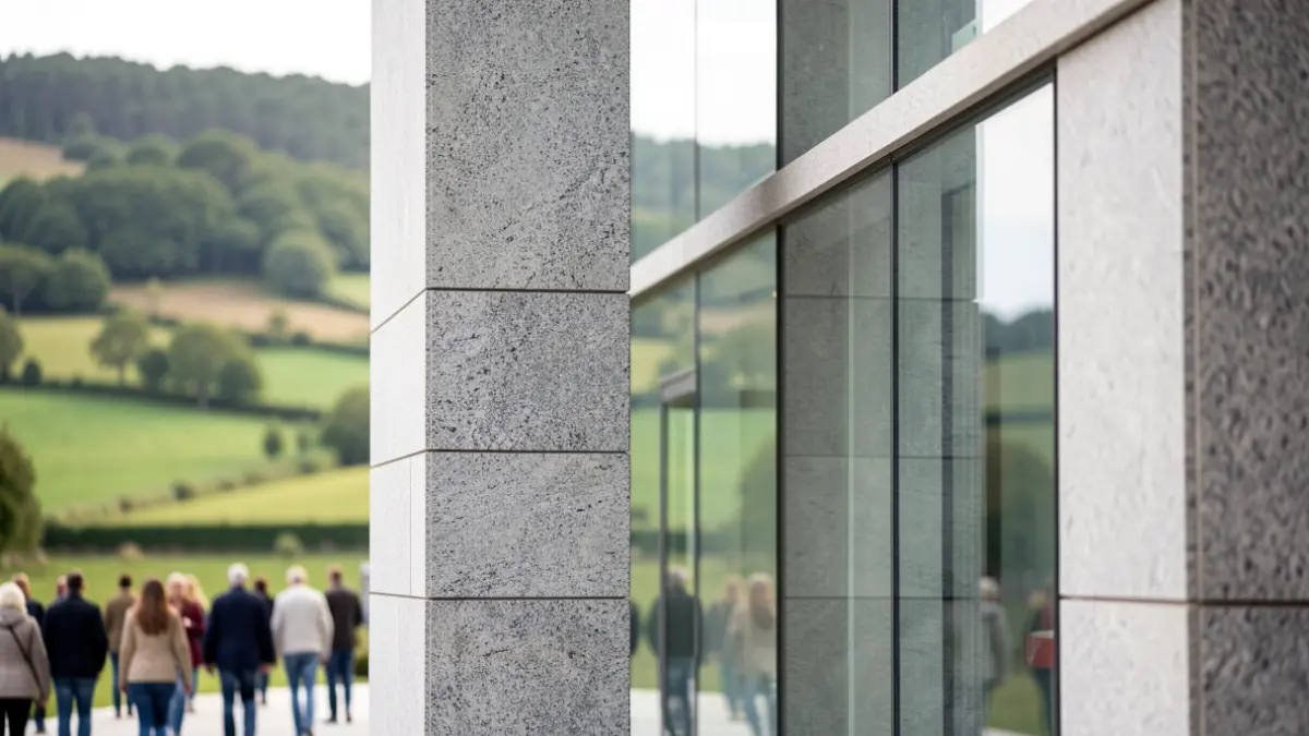 Imaxe xenérica da Cidade da Cultura de Galicia, con detalles arquitectónicos en granito e cristal.