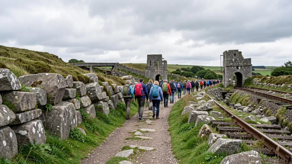 Imagen genérica de excursionistas en una ruta de senderismo en Galicia con elementos de patrimonio industrial.