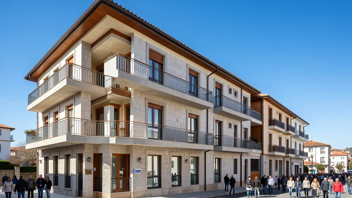 Imaxe xenérica de residencias estudantís con elementos arquitectónicos galegos.
