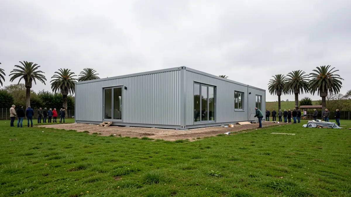 Imaxe xenérica de construción dun novo edificio modular metálico.
