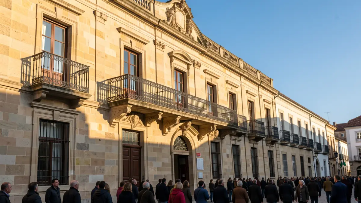 Imagen genérica de una fachada de ayuntamiento de piedra gallega con balcón ornamentado y rejas de hierro, a la cálida luz de la tarde.