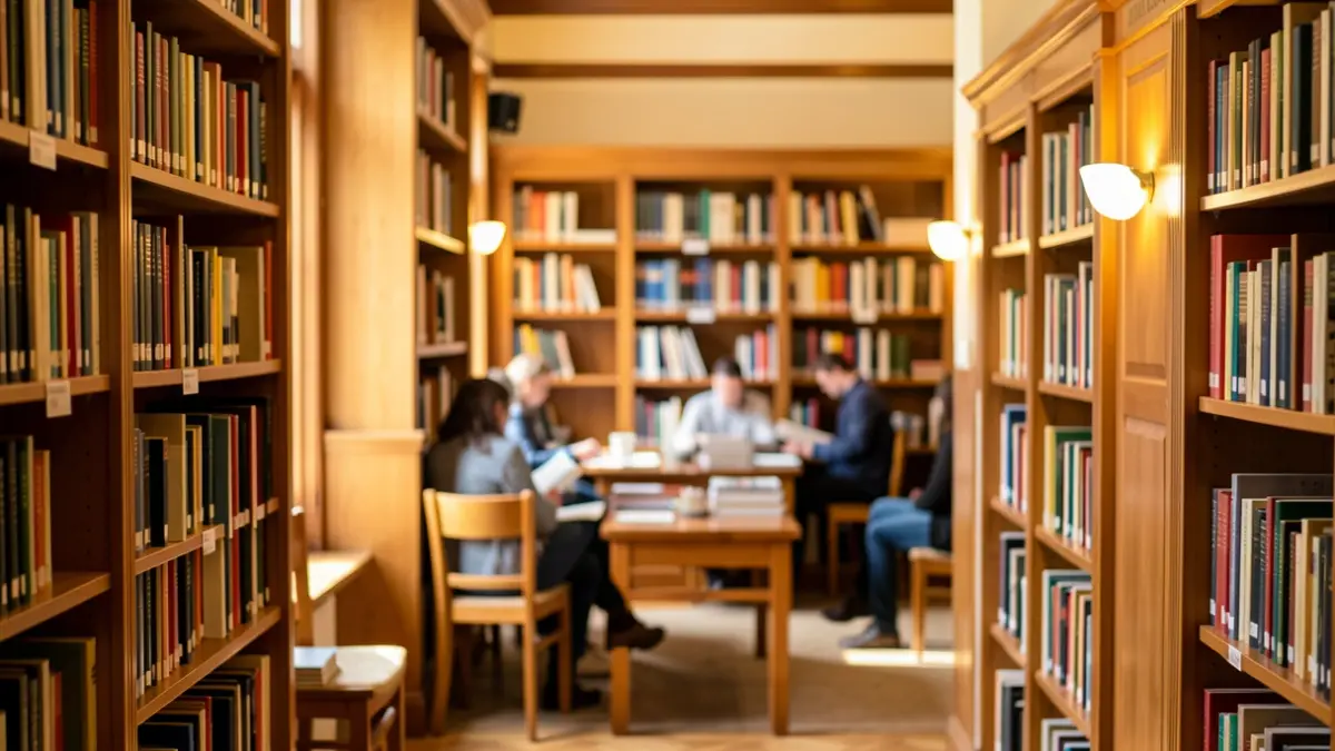 Imaxe xenérica dun interior de biblioteca pública galega con andeis cheos de libros.