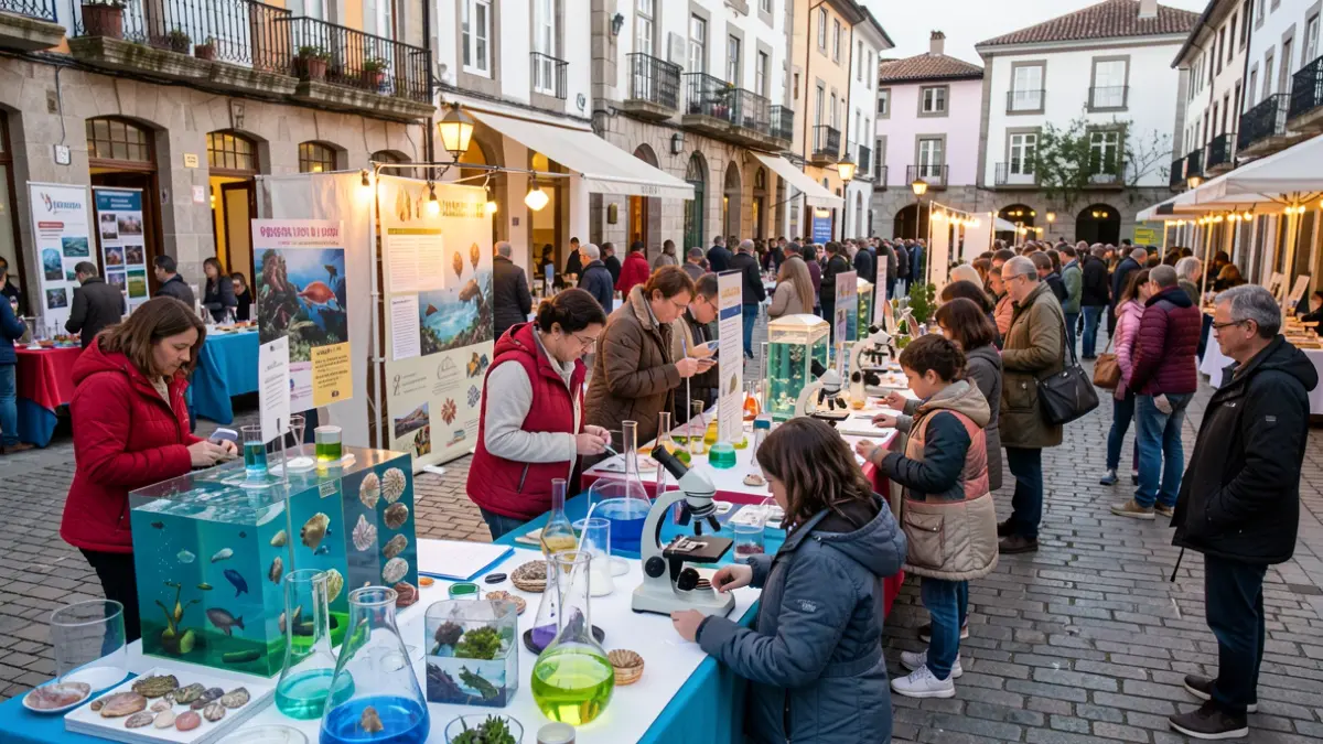Imaxe xenérica dunha feira científica en Galicia con obradoiros e xente participando.