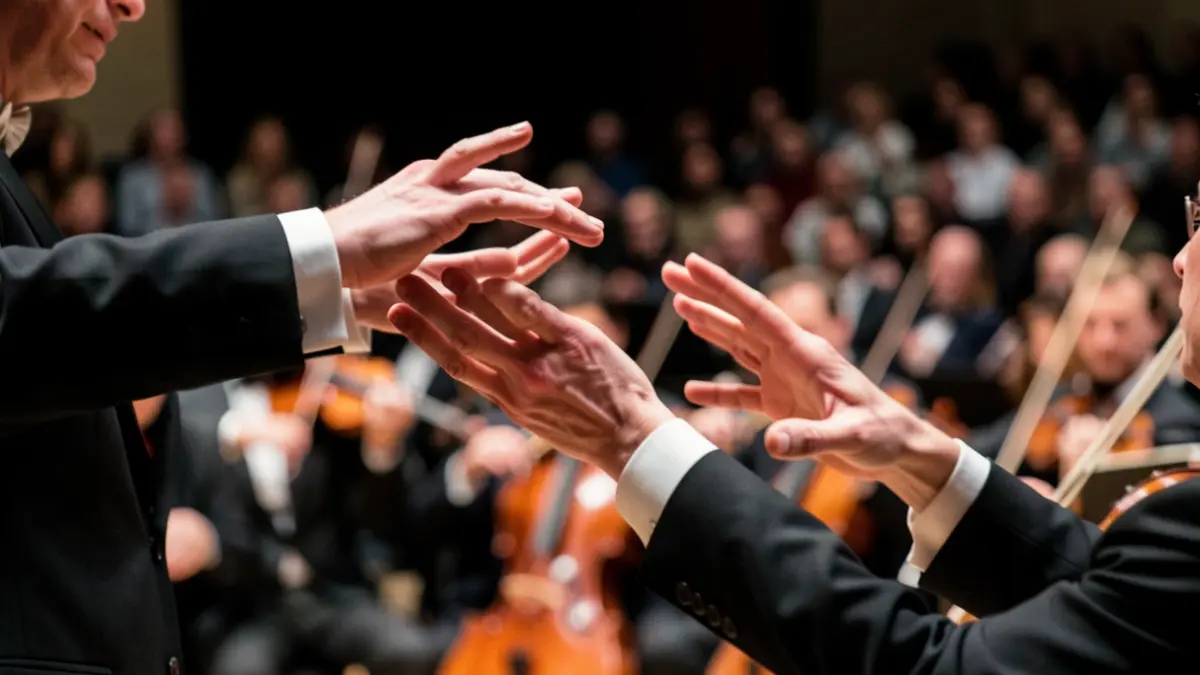 Primer plano de un director de orquesta dirigiendo en un escenario con luces dramáticas.