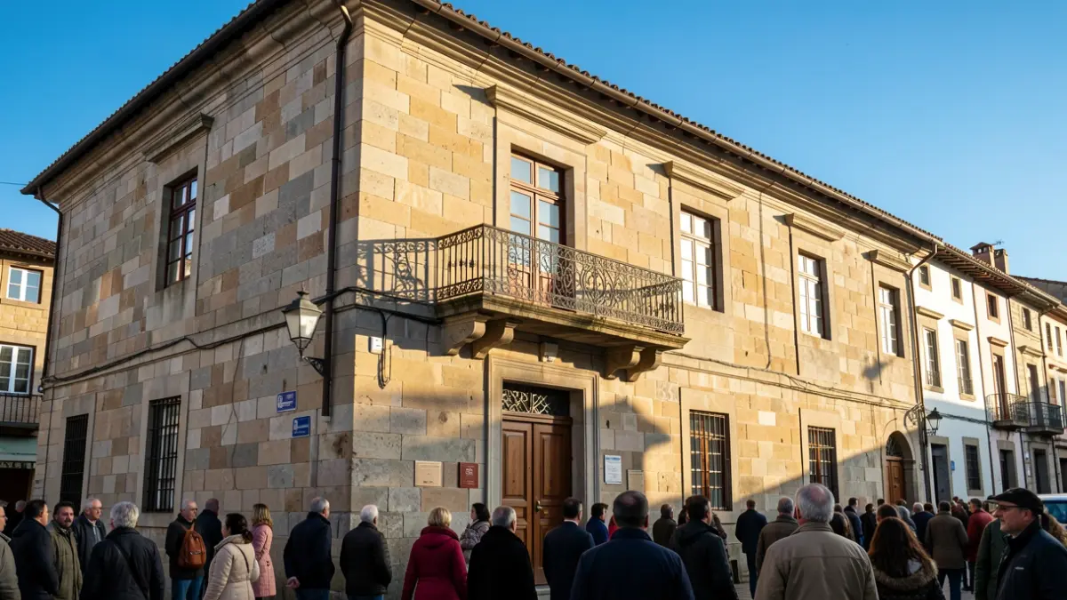 Fachada dun concello tradicional galego de granito con balcón ornamentado e reixas de ferro. A luz cálida da tarde proxecta longas sombras sobre as paredes de pedra arenisca. Ceo azul despexado. Estilo fotográfico documental.