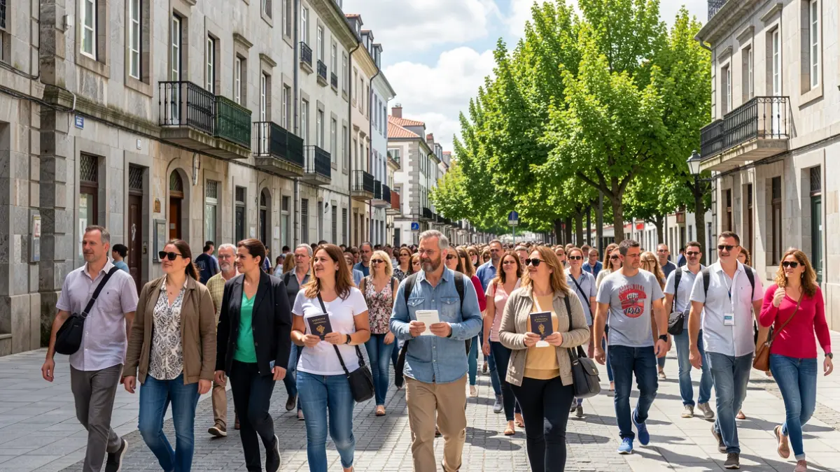 Personas caminando por una calle peatonal de A Coruña durante una ruta vecinal.