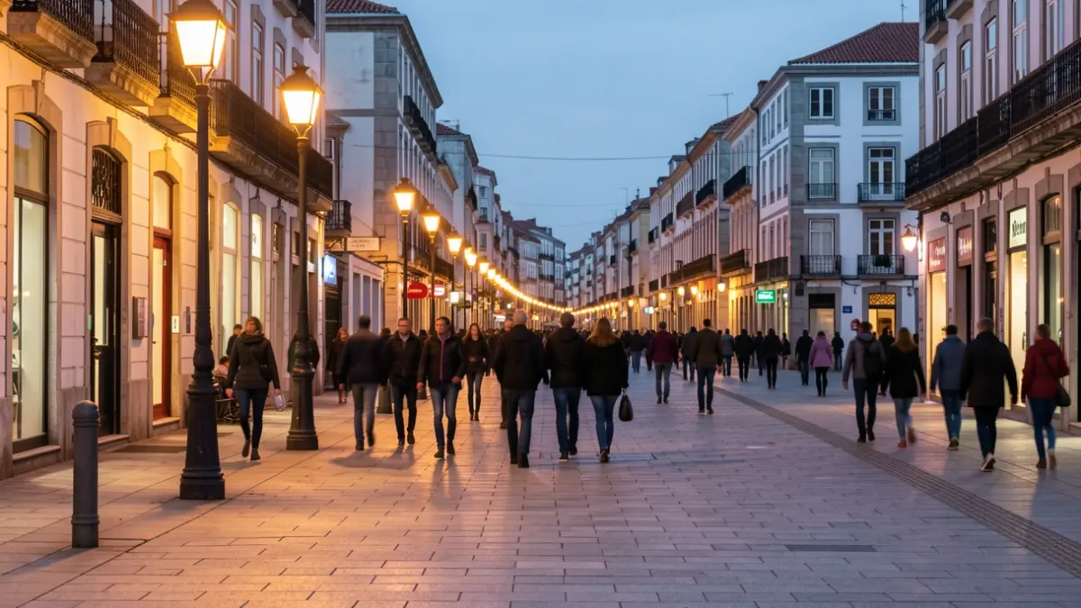Imagen genérica de calle vacía en A Coruña al anochecer con iluminación de calle.