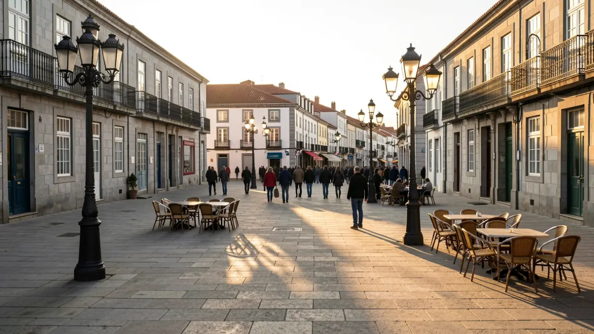 Imaxe xenérica dunha praza de cidade galega con mobiliario urbano e iluminación nocturna.