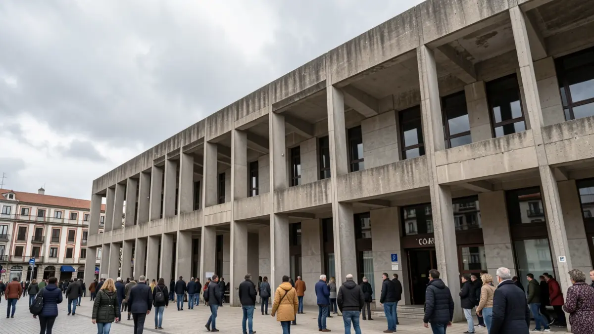 Fachada dun edificio brutalista na Coruña con formigón visto e ceo nubrado.