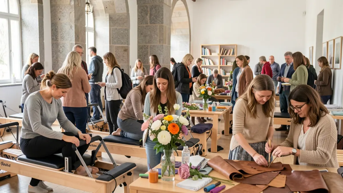 Imaxe xenérica de mulleres participando en obradoiros de pilates, arte floral e artesanía en coiro nun centro comunitario de Galicia.