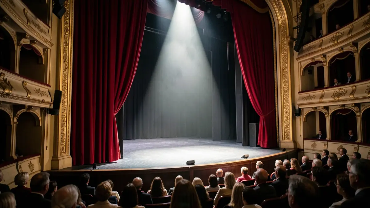 Imaxe xenérica dun escenario de teatro baleiro con cortinas vermellas e un foco de luz.