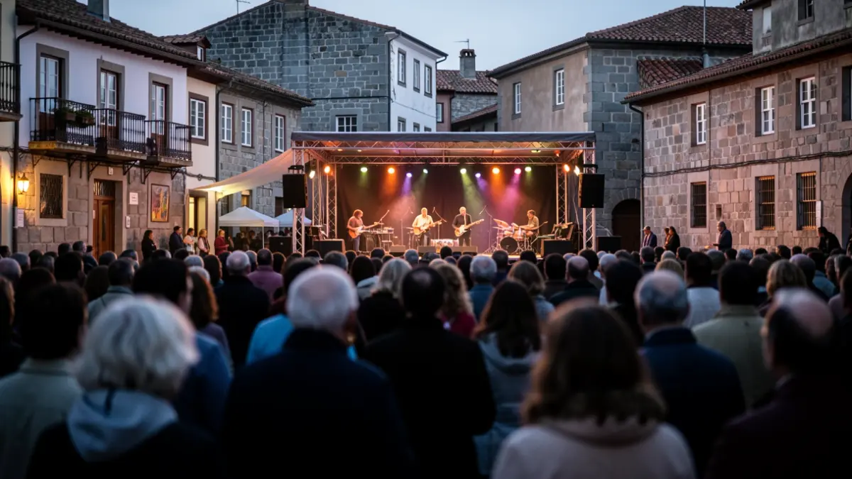 Imaxe xenérica dun concerto ao aire libre nunha praza galega ao anoitecer, con xente ao fondo.