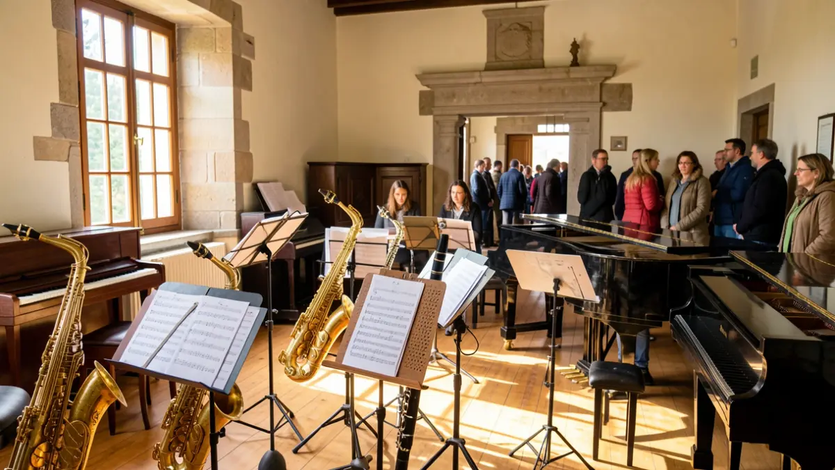 Imagen genérica de una escuela de música en Galicia con instrumentos y luz solar.