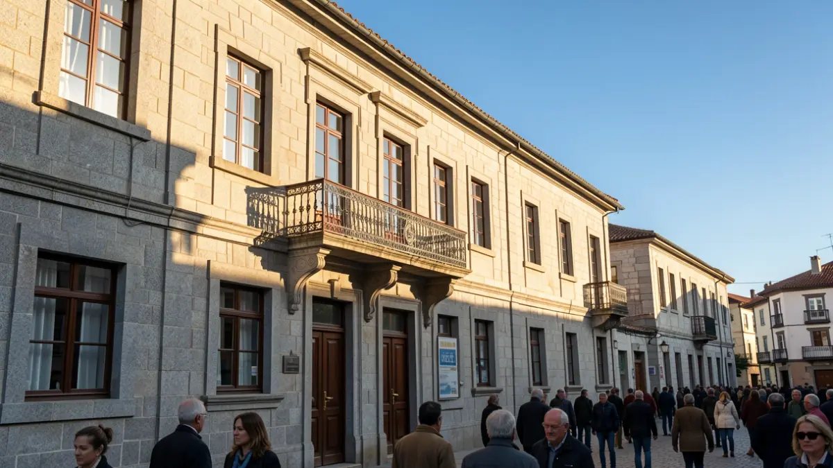 Imagen genérica de un ayuntamiento gallego de granito con balcón ornamentado y barandillas de hierro, a la luz del sol de la tarde.