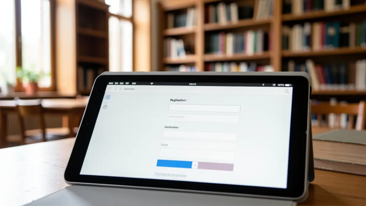 Imagen genérica de una tablet con un formulario de matrícula digital en una biblioteca.