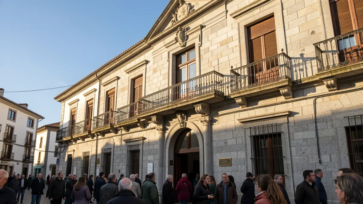 Imagen genérica de un ayuntamiento gallego de granito con balcón ornamentado y barandillas de hierro, bajo la luz del sol de la tarde.