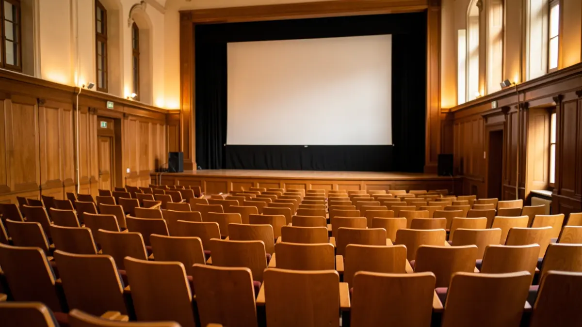 Imagen de un auditorio universitario preparado para una proyección cultural.