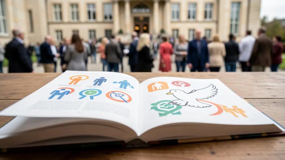 Primeira plana dun libro aberto con símbolos de dereitos humanos e unha pomba sobre unha mesa de madeira.