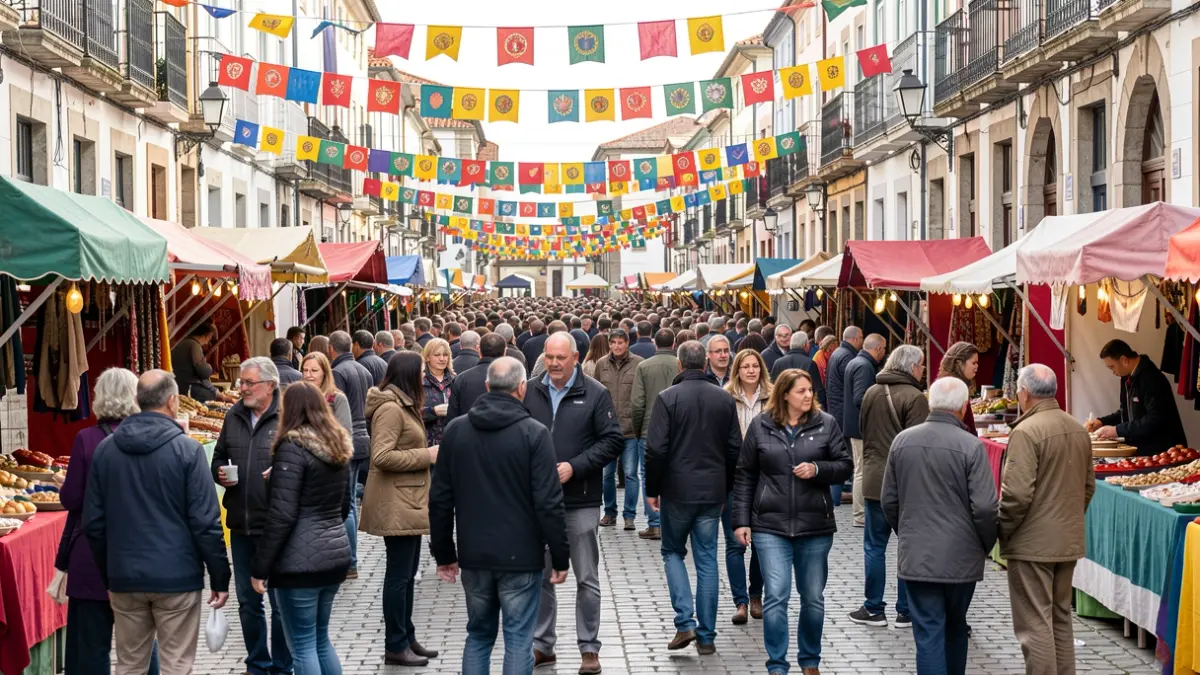 Imagen genérica de un festival callejero en Vigo con gente diversa y puestos de actividades.