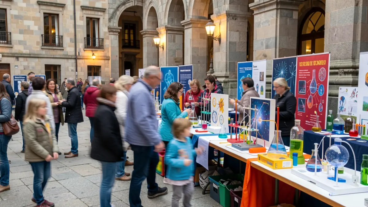 Imaxe xenérica dunha feira de ciencia con xente interactuando con experimentos en Galicia.