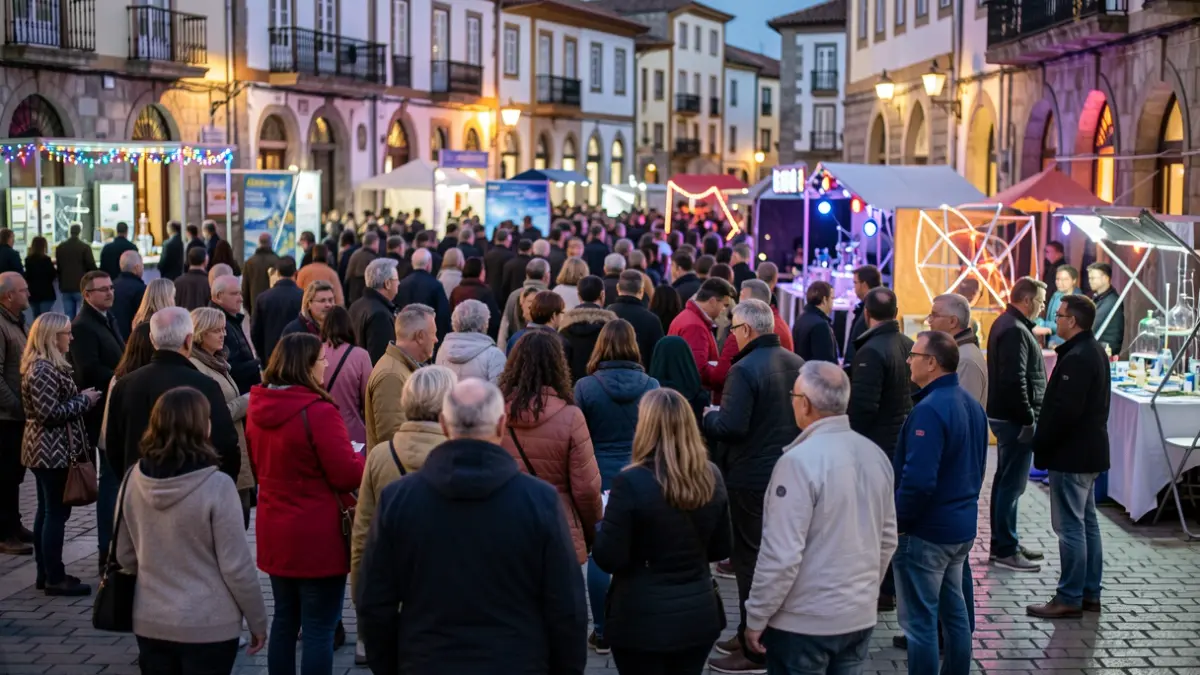 Imagen genérica de una multitud diversa en Galicia durante un evento nocturno con puestos de ciencia.