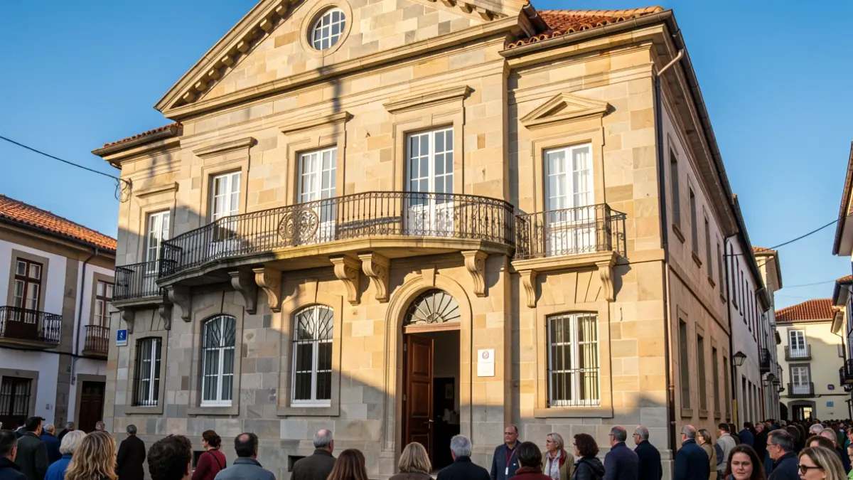 Fachada de un ayuntamiento tradicional de granito en Galicia, con balcón ornamentado y barandillas de hierro. La luz cálida de la tarde proyecta sombras en las paredes de arenito. Cielo azul. Estilo fotográfico documental.