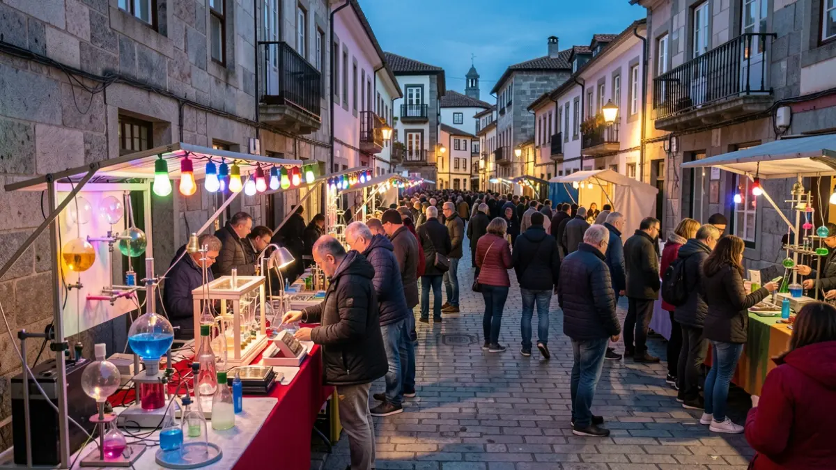 Imaxe dunha rúa galega pola noite con xente participando en actividades científicas.