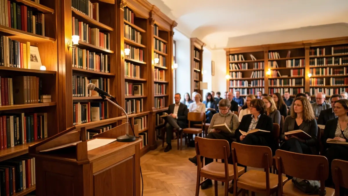 Imaxe dunha sala de actos preparada para unha presentación literaria.