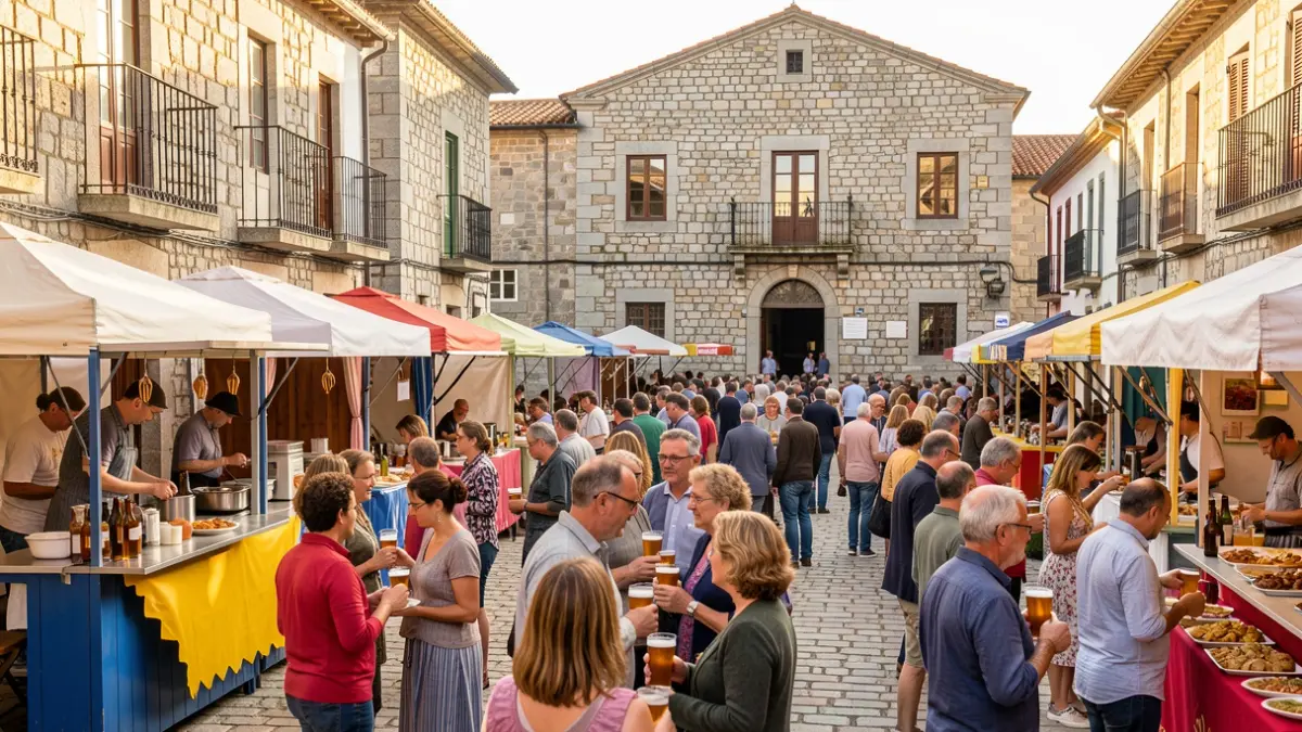 Imaxe xenérica dunha festa popular ao aire libre nunha praza galega con xente gozando da gastronomía e a música.