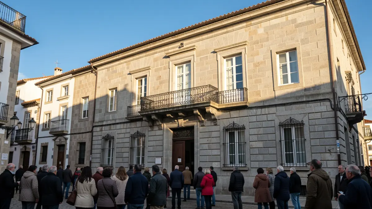 Imagen genérica de un ayuntamiento gallego de granito con balcón ornamentado y barandillas de hierro, bajo la luz del sol de la tarde.