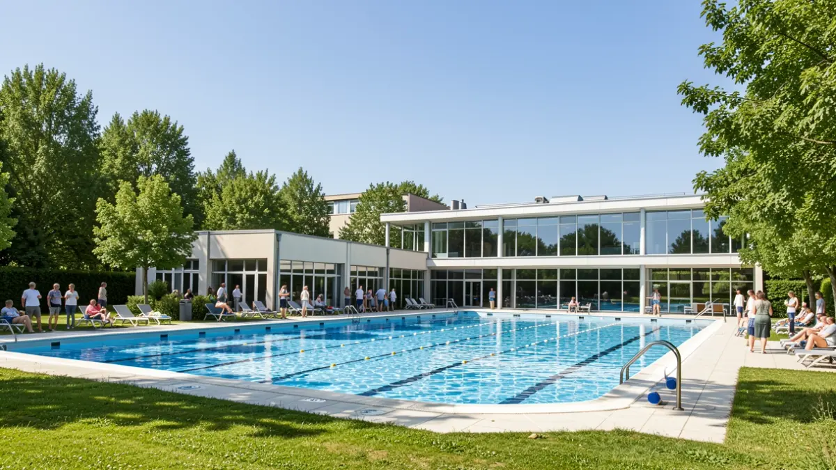 Imagen genérica de una piscina municipal moderna con césped alrededor.